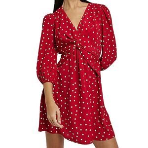 NWT RIVER ISLAND Dress 4 Red White PolkaDot Fit&Flare Twist V-Neck Balloon-Sleev